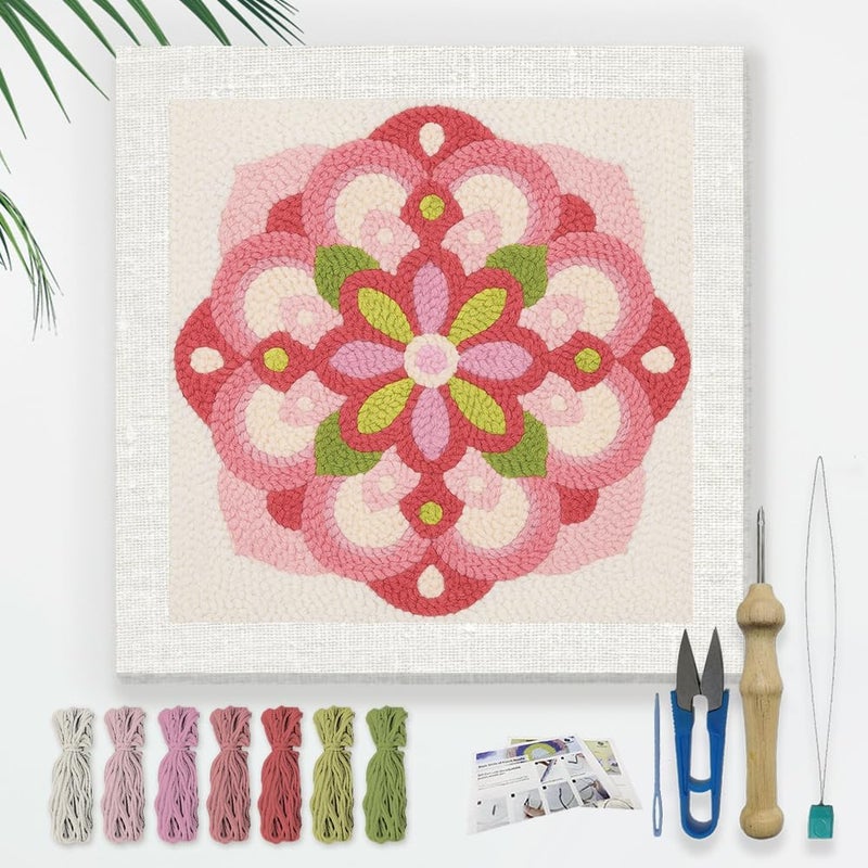 DOODLREAM Mandala Flower DIY Punch Needle Embroidery Kit for Adult Beginner, 9.4" Geometric Pink Floral Punch Stitching Craft Set for Starter with Frame, Fabric Pattern, Threader, Yarn, Pinch Needle - Image 1